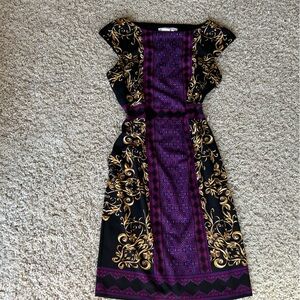 Maggy London Purple and Black Baroque-Style Print Dress